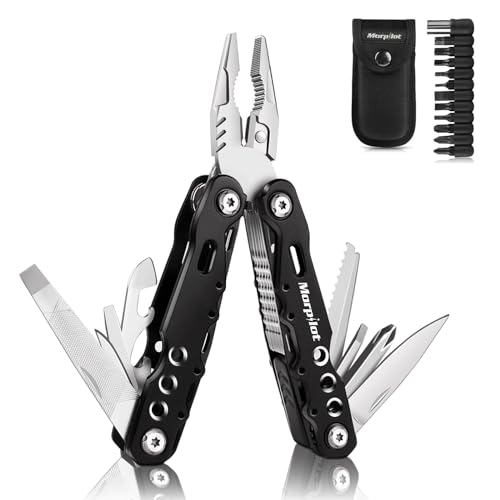 morpilot Multitool Werkzeug, 25 in 1 Faltbares Edelstahl Multifunktionale Zange, Multitools als Schneider, Flaschenöffner und Karabiner, mit 11 Schraubendreher Bits und Gurtcliptasche von morpilot