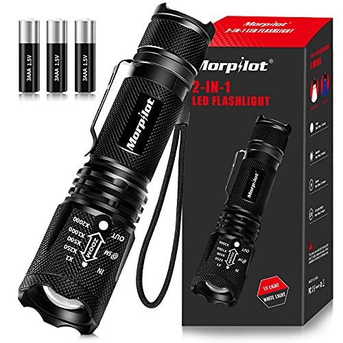 morpilot LED Taschenlampe 2 in 1 UV Lampe, UV Taschenlampe Zoombar mit 4Modi Schwarzlichtlampe Superhelle 500 Lumen IP4 Wasserdicht für Outdoor, Wandern, Camping, Kinder,Angeln und Geschenk von morpilot