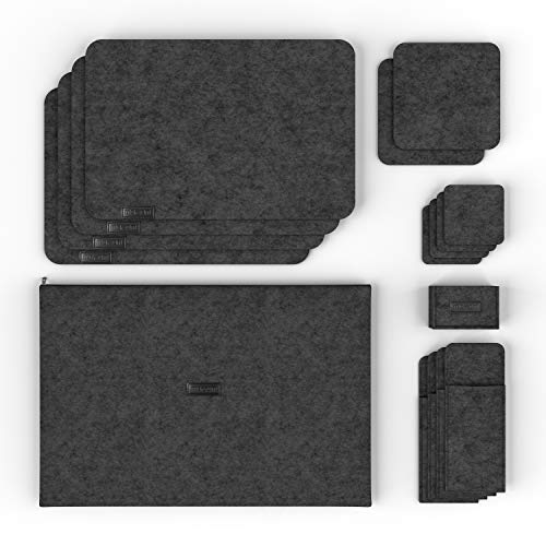 Morrom Filz Tischset 16-teiliges Set aus Platzsets, Getränkeuntersetzer, Bestecktaschen, Topfuntersetzer - Waschmaschinenfest, edle Optik für Zuhause + im Restaurant (Dunkelgrau, 4 Personen) von morrom