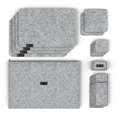 Morrom Filz Tischset 16-teiliges Set aus Platzsets, Getränkeuntersetzer, Bestecktaschen, Topfuntersetzer - Waschmaschinenfest, edle Optik für Zuhause + im Restaurant (Hellgrau, 4 Personen) von morrom