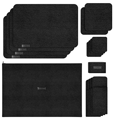 Morrom Filz Tischset 16-teiliges Set aus Platzsets, Getränkeuntersetzer, Bestecktaschen, Topfuntersetzer - Waschmaschinenfest, edle Optik für Zuhause + im Restaurant (Schwarz, 4 Personen) von morrom