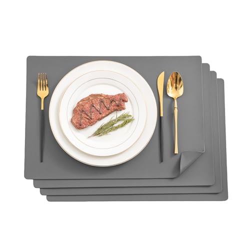 Mosayt Platzsets Leder Tischset 4er Set Grau Kunstleder Tischsets, Hitzebeständige Tischsets Wasserdicht Abwischbar Reversible Tischsets für Esstisch Küche Party von mosayt