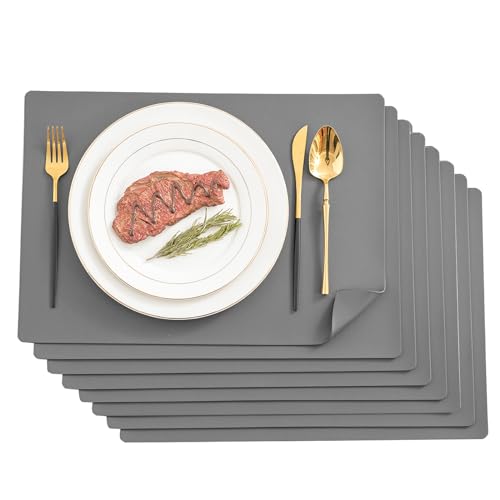 Mosayt Platzsets Leder Tischset 8er Set Grau Kunstleder Tischsets, Hitzebeständige Tischsets Wasserdicht Abwischbar Reversible Tischsets für Esstisch Küche Party von mosayt