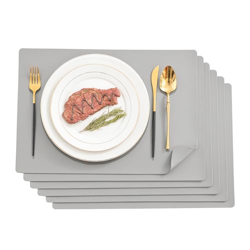 Mosayt Platzsets Tischsets Abwaschbar 6er Set Kunstleder Tischsets, Hitzebeständige Tischsets Grau Wasserdicht Abwischbar Reversible Tischsets für Esstisch Küche Party von mosayt