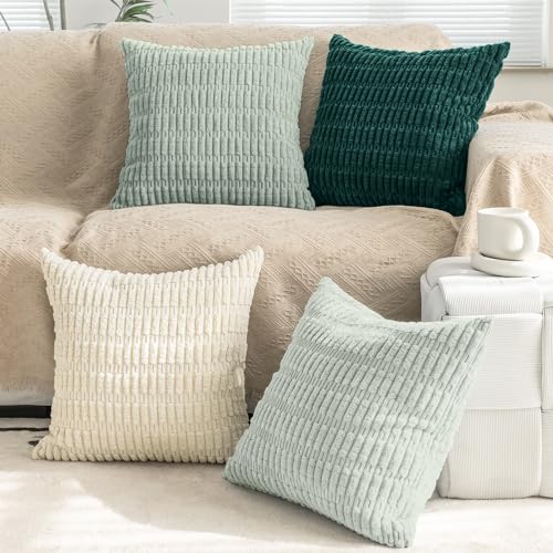 mosayt Boho Kissenbezug 60x60 grün 4er Set beige Kordsamt Kissenhüllen Cushion Cover Sofakissen Dekokissen Deko für Wohnzimmer weich Frühling Flauschig von mosayt