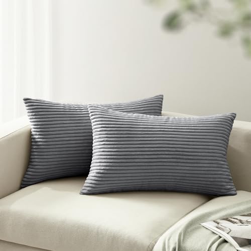 mosayt Kissenbezug dunkle Grau 30x50 2er Set Cordsamt gestreiftes Muster Kissenbezüge Kissenhüllen Dekokissen Sofakissen Nackenkissen Couchkissen Winter Deko Kissenhüllen Bett von mosayt