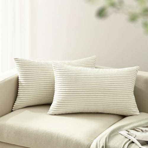 mosayt Sofa Kissenbezug 30x50 Beige Weiß 2er Set Kordsamt gestreiftes Muster Kissenbezüge Kissenhülle Dekokissen Sofakissen Couchkissen Zierkissenbezug Deko Bett Wohnzimmer von mosayt