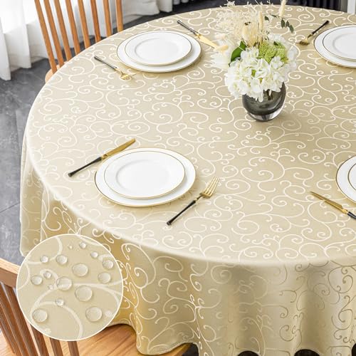 mosayt Tischdecke Rund 140 Damast Tischdecken Beige Wasserdicht Tischtuch Jacquard Lotuseffekt Tafeldecke Fleckschutz Tischwäsche Abwaschbar von mosayt