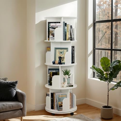 mosegor Drehbares Bücherregal 4 Stufiges, 360° Bewegliches mit Rollen, Bodenstehende Bücherregale Multifunktionales Aufbewahrungsregal Standregal für Kinder und Erwachsene, Weiß von mosegor