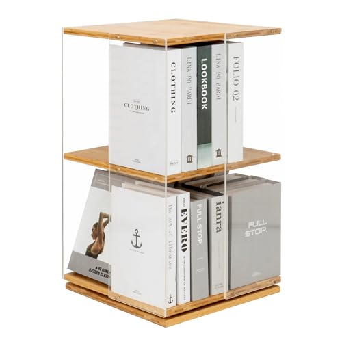 mosegor Drehbares Bücherregal Acryl Standregal 360° frei drehbar Büroregal Drehregal Dekoregal aus Bambus-Verkleidung Lagerregal für Schlafzimmer, Wohnzimmer, Arbeitszimmer und Büro 33x62x33cm von mosegor