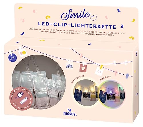 moses. LED-Clip-Lichterkette, Leuchtkette mit zwei Farbmodi warmweißes oder buntes Licht, 10 Clips zum Aufhängen von Fotos, Karten und Erinnerungen, Betrieb per Micro-USB-Kabel oder Batterien von moses