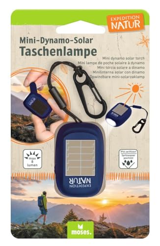 moses. Expedition Natur Mini-Dynamo-Solar-Taschenlampe für Kinder, wiederaufladbare Akku-Taschenlampe mit Handkurbel und Solarpanel, Kurbeltaschenlampe mit 3 hellen LEDs und Handschlaufe von moses