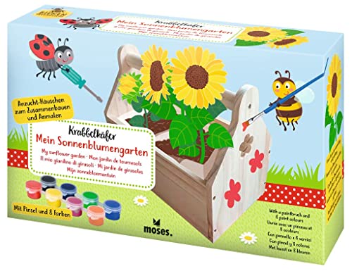 moses. Krabbelkäfer Sonnenblumengarten, DIY Anzucht-Häuschen für Kinder, Anzucht-Set zum Sonnenblumen anpflanzen, inklusive Pinsel & 8 Farben zum Bemalen, ab 5 Jahren von moses