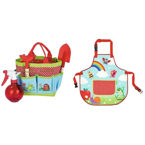 moses. - Krabbelkäfer gefüllte Gartentasche für Kinder, Gartenarbeits-Set mit Tasche, Schaufel, Harke und Sprühflasche & Krabbelkäfer Schürze Regenbogen, niedliche Kinderschürze, 3-6 Jahre von moses