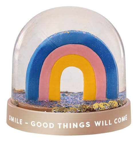 moses. Smile Schneekugel Rainbow, Schüttelkugel im Regenbogen Design mit Glitzer und goldenen Smileys, Funkelnde Regenbogen-Schneekugel, Glitzerkugel als Geschenk von moses
