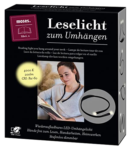 moses. libri_x Leselicht zum Umhängen, Hals Leselampe mit 2 stufenlos dimmbaren LED-Lichtern, Wiederaufladbare Leuchte für zuhause und unterwegs, Lichter einzeln einschaltbar und flexibel anpassbar von moses