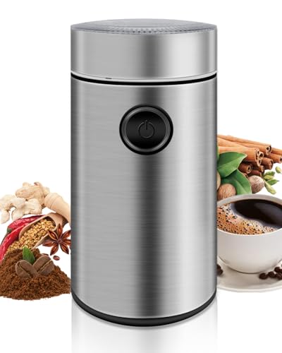 Kaffeemühle Elektrisch Edelstahl Gehäuse, 150W 22000 U/min Hochgeschwindigkeit Mahlwerk, Bis zu 50g Bohnenbehälter, Für Kaffeebohnen, Nüsse, Gewürze (9.7x9.7x17.8cm) von motomoyo