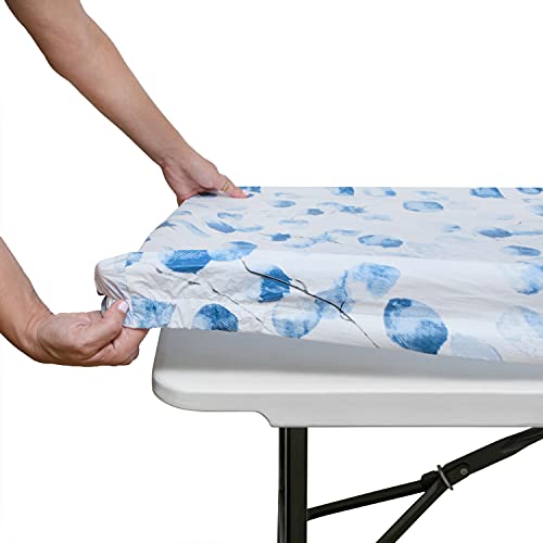 Tischdecke für Klapptisch, rechteckig, Kunststoff-Vinyl-Rückseite mit elastischem Rand, für Weihnachten, Partys, Picknick (blaue Blätter, 2,4 m, 81,3 x 243,8 cm) von moty