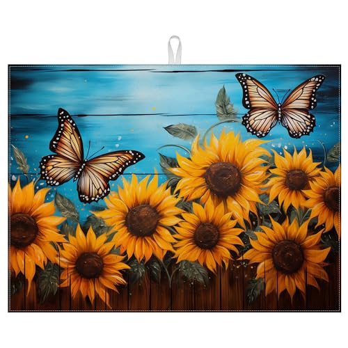 Abtropfmatte mit Sonnenblumen-Schmetterling auf Holzbrett, saugfähig, wendbar, Abtropfmatte, 45,7 x 61 cm Abtropfmatte mit Sonnenblumen-Schmetterling auf Holzbrett, saugfähig, wendbar, Abtropfmatte, 45,7 x 61 cm von mountanlly