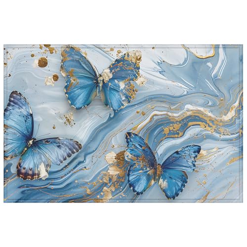 Fußmatte mit Schmetterlingsmarmor, für Eingangsbereich, Außenbereich, Innenbereich, Küche, Badezimmer, Dekoration, 43,2 x 73,7 cm, Blau / Gold Fußmatte mit Schmetterlingsmarmor, für Eingangsbereich, Außenbereich, Innenbereich, Küche, Badezimmer, Dekoration, 43,2 x 73,7 cm, Blau / Gold von mountanlly