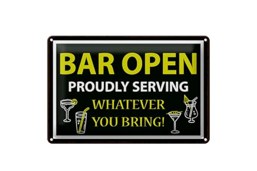 mrdeco Blechschild 12x18cm gewölbt Bar open proudly service whatever you bring Deko Schild von mrdeco