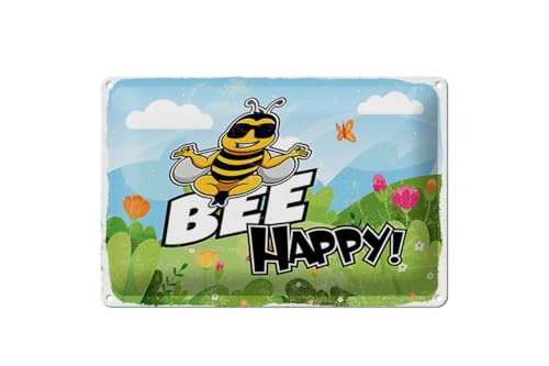 mrdeco Blechschild 12x18cm gewölbt Bee Happy Biene Wiese Deko Schild von mrdeco