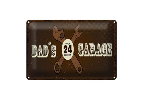 mrdeco Blechschild 12x18cm gewölbt Dad´s Garage open 24 hours braunes Deko Schild von mrdeco