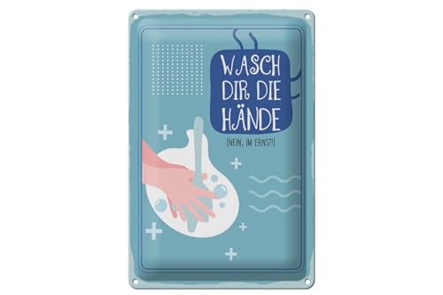 mrdeco Blechschild 12x18cm gewölbt Wasch dir die Hände Deko Schild von mrdeco