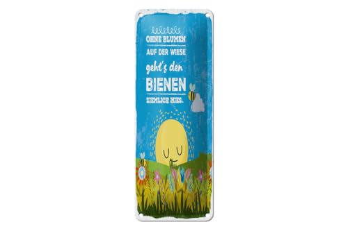 mrdeco Blechschild 27x10cm gewölbt Ohne Blumen auf Wiese geht’s Bienen ziemlich Mies Deko Schild von mrdeco