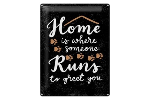 mrdeco Blechschild gewölbt Spruch 30x40 cm Home is where someone runs to greet you Deko Schild von mrdeco