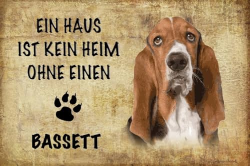 mrdeco Holz Schild 12x18cm Bassett Hund ohne kein Heim Holzschild von mrdeco