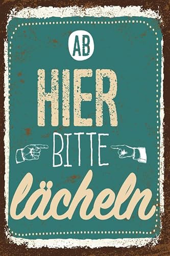 mrdeco Metall Schild 20x30cm gewölbt Ab hier bitte lächeln Lachen Glück Deko Blechschild Tin Sign von mrdeco