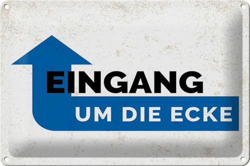 mrdeco Metall Schild 20x30cm gewölbt Hinweis Eingang um die Ecke Deko Blechschild Tin Sign von mrdeco