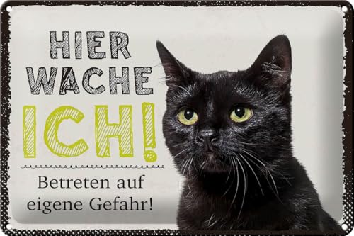 mrdeco Metall Schild 20x30cm gewölbt Katze hier wache ich eigene Gefahr Deko Blechschild Tin Sign von mrdeco
