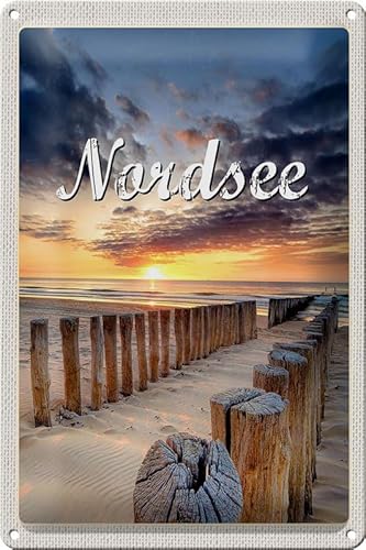 mrdeco Metall Schild 20x30cm gewölbt Nordsee Strand Sonnenuntergang Abend Deko Blechschild Tin Sign von mrdeco