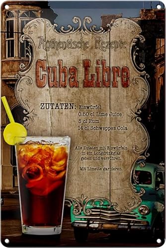 mrdeco Metall Schild 20x30cm gewölbt Rezept Cuba Libre Zutaten Eiswürfel Deko Blechschild Tin Sign von mrdeco