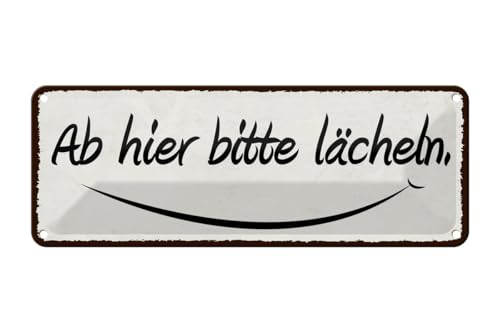 mrdeco Metall Schild 27x10cm gewölbt ab hier bitte lächeln Deko Blechschild Tin Sign von mrdeco
