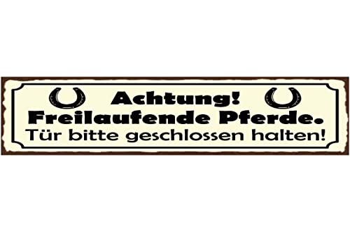 mrdeco Metall Schild 46x10cm gewölbt Achtung freilaufende Pferde Tür Deko Blechschild Tin Sign von mrdeco