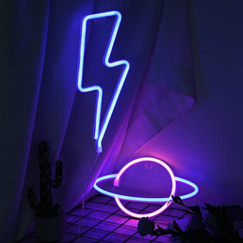 mreechan Neonlichter,Dekorative Wandleuchte/Schild, Neonlichter für Schlafzimmer, Spielzimmer, Bar und Party, Geschenkidee für Kinder (Planet und Blitz) von mreechan