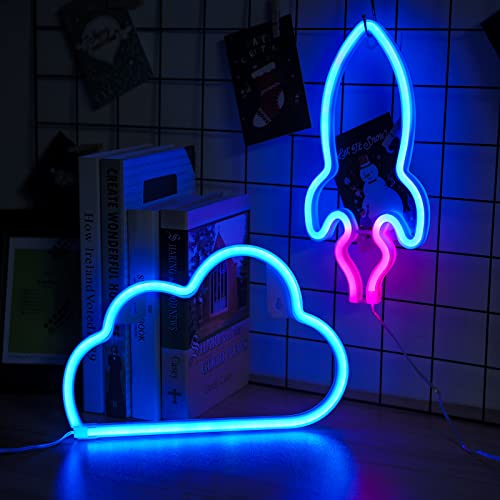 mreechan Neonlichter,Dekorative Wandleuchte/Schild, Neonlichter für Schlafzimmer, Spielzimmer, Bar und Party, Geschenkidee für Kinder (Rakete und Wolken) von mreechan