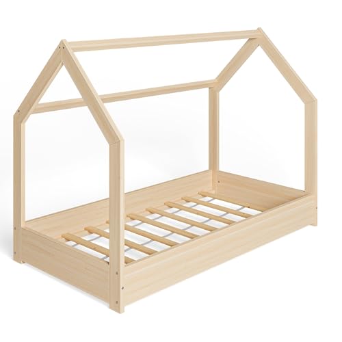 ms factory Hausbett Kinderbett 80x160 cm mit Lattenrost - Einzelbett aus Kiefernholz für Mädchen und Junge - Natur Farblos von ms factory