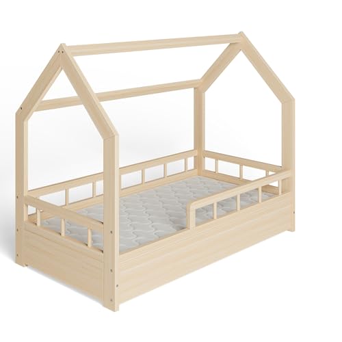 ms factory Hausbett mit Matratze Kinderbett 70x140 cm mit Rausfallschutz und Lattenrost - Einzelbett aus Kiefernholz für Mädchen und Junge - Natur Farblos von ms factory