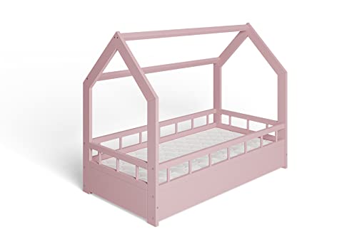 ms factory Hausbett mit Matratze Kinderbett 70x140 cm mit Rausfallschutz und Lattenrost - Einzelbett aus Kiefernholz für Mädchen und Junge - Rosa von ms factory