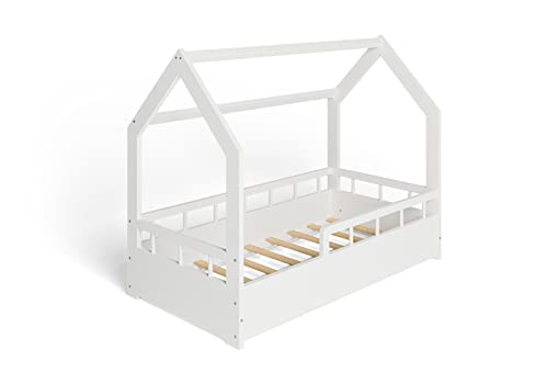 ms factory Hausbett mit Matratze Kinderbett 70x140 cm mit Rausfallschutz und Lattenrost - Einzelbett aus Kiefernholz für Mädchen und Junge - Weiß von ms factory