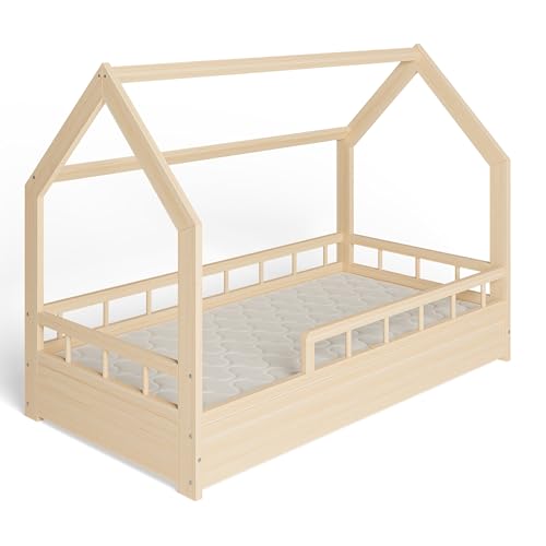 ms factory Hausbett mit Matratze Kinderbett 80x160 cm mit Rausfallschutz und Lattenrost - Einzelbett aus Kiefernholz für Mädchen und Junge - Natur Farblos von ms factory