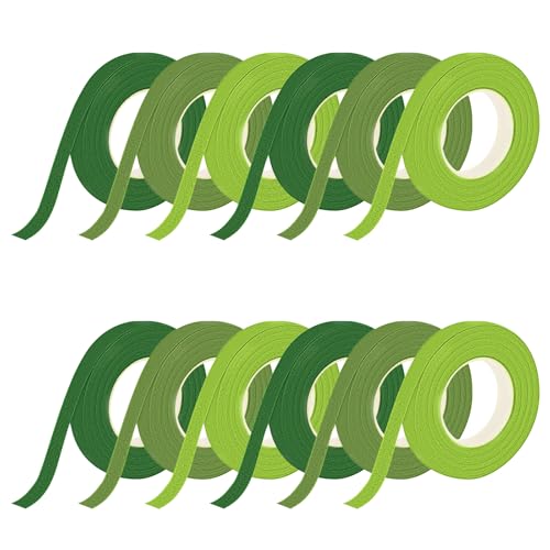 msymsyu Floristenband 12 Stück 360m Floral Tape 12mm Grüner Floristenkrepp 3 Farben Geblümtes Klebeband Floristik für Wrapping Blumensträuße und Floralen Handwerken Blumenband (30m/Rolle) von msymsyu