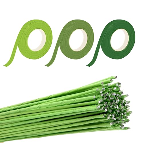 msymsyu Floristenband 3 Stück 90m Floral Tape 12mm Grüner Floristenkrepp 100 Stk 1x40cm Blumendraht Floristik für Wrapping Blumensträuße und Floralen Handwerken Blumenband (30m/Bände) von msymsyu