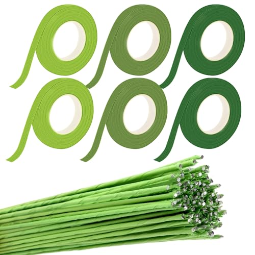 msymsyu Floristenband 6 Stück 180m Floral Tape 12mm Grüner Floristenkrepp 100 Stk 1x40cm Blumendraht Floristik für Wrapping Blumensträuße und Floralen Handwerken Blumenband (30m/Rolle) von msymsyu