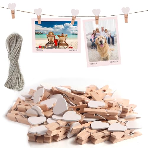 msymsyu Holzklammern 120 Stück Wäscheklammern Holz 3.5x0.7cm mit 50m Schnur Holzklammern Kleine Klammern für Fotos Aufhängen und Postkarten Verwendet Werden und Alle Arten von Partydekorationen von msymsyu