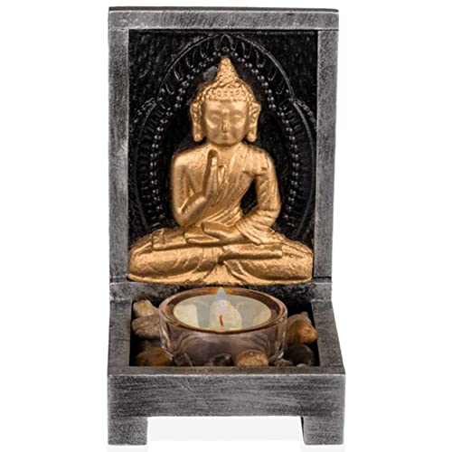 Deko Holz Set ''Golden Buddha'' mit Glas-Teelichthalter und Dekosteinen -15x9x9cm - Wellness Altar Schrein Meditation von mtb more energy